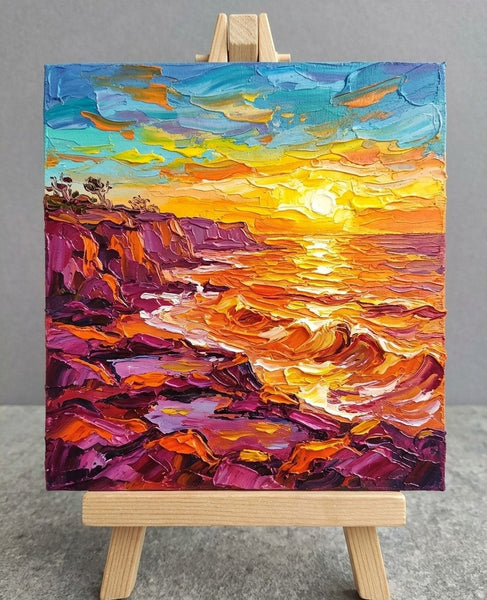 Waves Soaking the Golden Sun, Original Painting for Sale, Hand Painted Canvas Art, Heavy Texture Paintings, Original Seascape Paintings, Impasto Artwork-Grace Painting Crafts