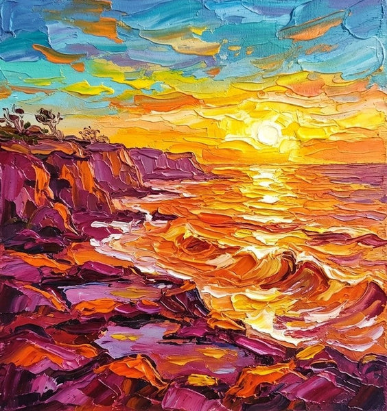 Waves Soaking the Golden Sun, Original Painting for Sale, Hand Painted Canvas Art, Heavy Texture Paintings, Original Seascape Paintings, Impasto Artwork-Grace Painting Crafts