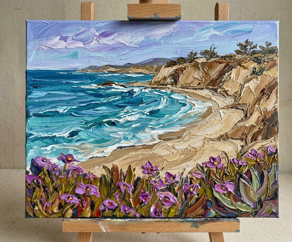 Small Canvas Artwork for Sale, Blue Tides by the Cliff Shore, Seashore Beach Painting, Original Seascape Paintings, Original Oil Paintings, Heavy Texture Paintings-Grace Painting Crafts