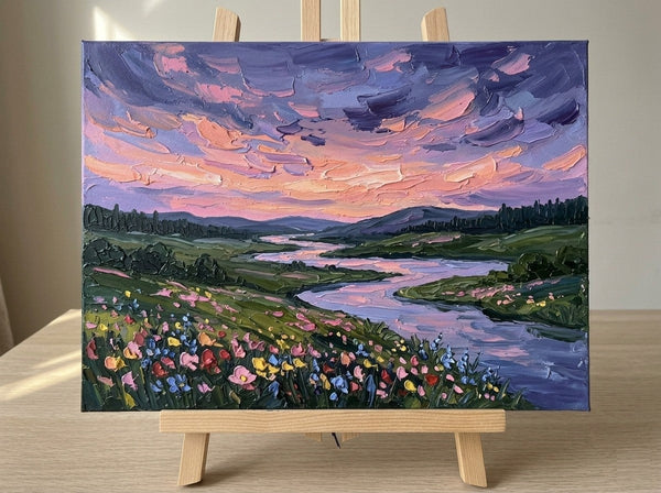 Original Small Paintings for Sale, Flower Fields by the Dusk River, Original Landscape Paintings, Buy Small Artwork Online, Hand Painted Canvas Art, Impasto Paintings-Grace Painting Crafts
