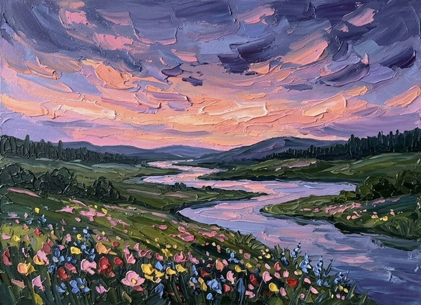 Original Small Paintings for Sale, Flower Fields by the Dusk River, Original Landscape Paintings, Buy Small Artwork Online, Hand Painted Canvas Art, Impasto Paintings-Grace Painting Crafts