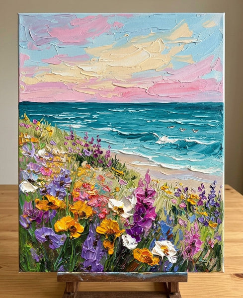Flower Tide by the Seashore, Seashore Beach Painting, Small Canvas Artwork for Sale, Original Seascape Paintings, Original Oil Paintings, Heavy Texture Paintings on Canvas-Grace Painting Crafts