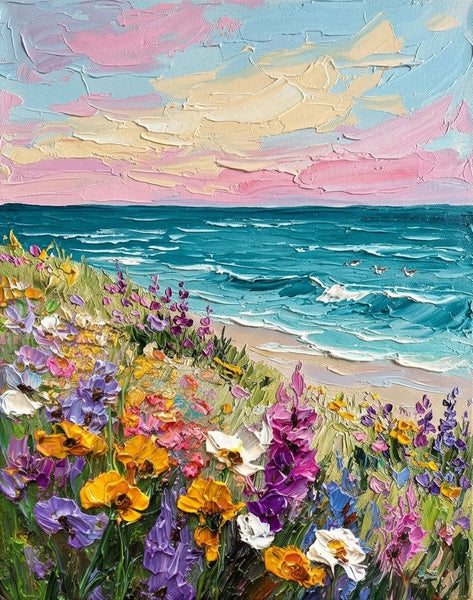 Flower Tide by the Seashore, Seashore Beach Painting, Small Canvas Artwork for Sale, Original Seascape Paintings, Original Oil Paintings, Heavy Texture Paintings on Canvas-Grace Painting Crafts