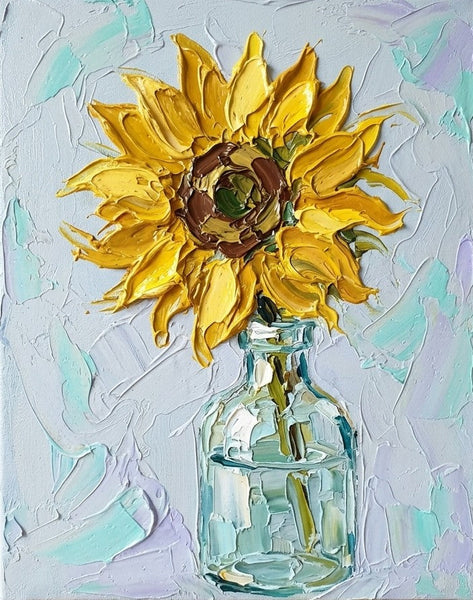 Original Oil Paintings, Impasto Sunflower in Glass Vase, Hand Painted Canvas Art, Original Flower Paintings, Small Canvas Artwork, Impasto Canvas Artwork-Grace Painting Crafts