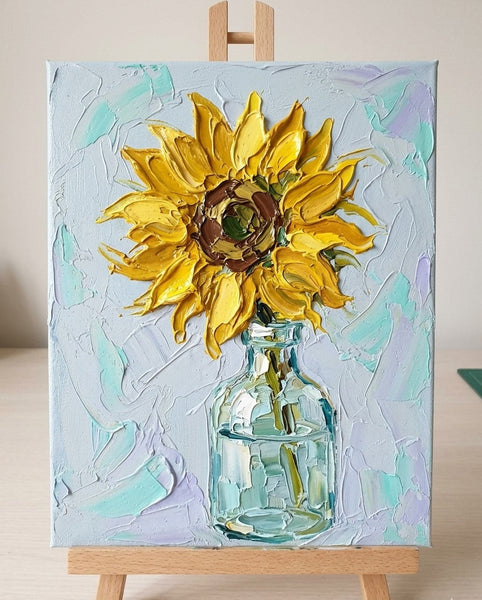 Original Oil Paintings, Impasto Sunflower in Glass Vase, Hand Painted Canvas Art, Original Flower Paintings, Small Canvas Artwork, Impasto Canvas Artwork-Grace Painting Crafts