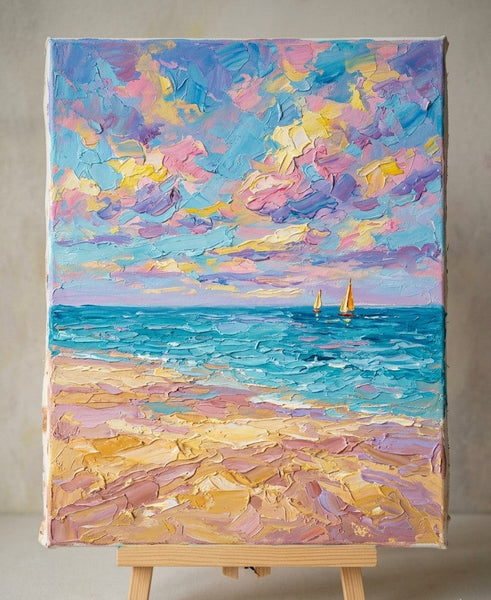 Two Golden Sailboats in Dreamy Seaview, Original Landscape Paintings, Heavy Texture Paintings, Hand Painted Canvas Art, Small Canvas Artwork, Original Oil Paintings-Grace Painting Crafts