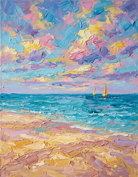 Two Golden Sailboats in Dreamy Seaview, Original Landscape Paintings, Heavy Texture Paintings, Hand Painted Canvas Art, Small Canvas Artwork, Original Oil Paintings-Grace Painting Crafts