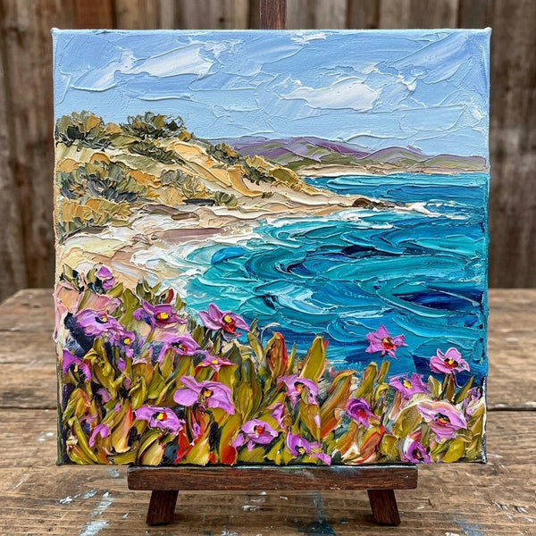 Sandy Shore Under Blue Sky, Hand Painted Canvas Art, Heavy Texture Paintings, Original Seascape Paintings, Miniature Canvas Art, Original Oil Painting for Sale-Grace Painting Crafts