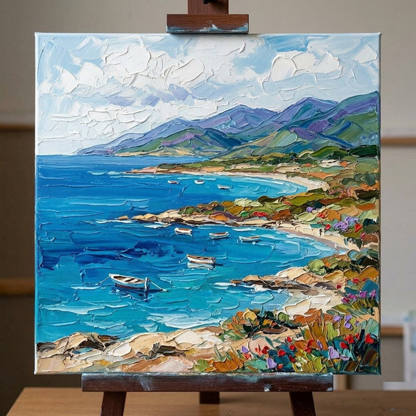 Original Oil Painting for Sale, Sunny Day on Azure Coast, Hand Painted Canvas Art, Heavy Texture Paintings, Original Seascape Paintings, Miniature Canvas Art-Grace Painting Crafts