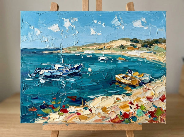 Heavy Texture Painting on Canvas, Blue Harbor Mooring Boats, Original Oil Paintings, Small Canvas Artwork for Sale, Original Seascape Paintings-Grace Painting Crafts