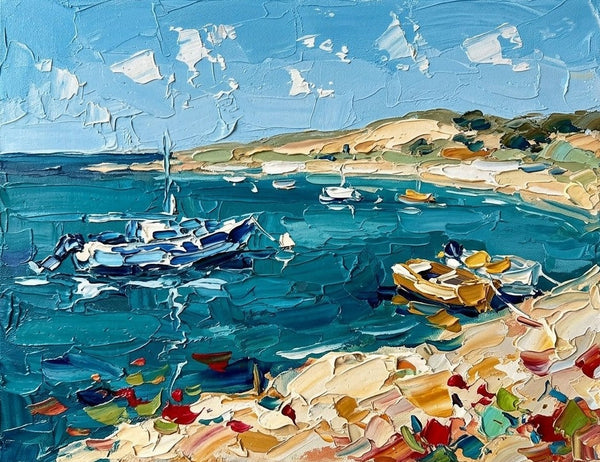 Heavy Texture Painting on Canvas, Blue Harbor Mooring Boats, Original Oil Paintings, Small Canvas Artwork for Sale, Original Seascape Paintings-Grace Painting Crafts