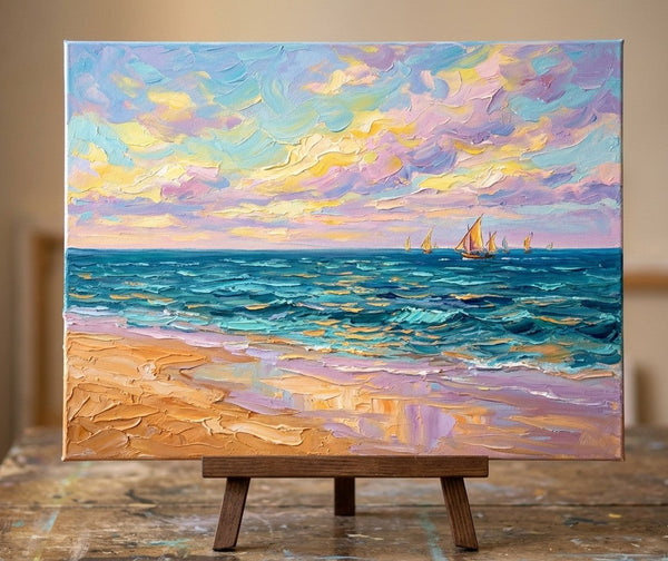 Heavy Texture Paintings, Sails in the Sunset Glow on the Sea, Original Landscape Paintings, Hand Painted Canvas Art, Small Canvas Artwork, Original Oil Paintings for Sale-Grace Painting Crafts