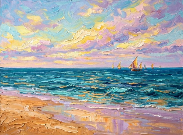 Heavy Texture Paintings, Sails in the Sunset Glow on the Sea, Original Landscape Paintings, Hand Painted Canvas Art, Small Canvas Artwork, Original Oil Paintings for Sale-Grace Painting Crafts