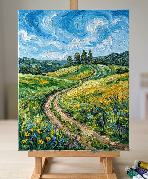 Swirling Sky Over Wildflower Path, Original Landscape Paintings, Original Oil Paintings, Heavy Texture Paintings, Hand Painted Canvas Art, Small Canvas Artwork-Grace Painting Crafts