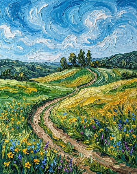 Swirling Sky Over Wildflower Path, Original Landscape Paintings, Original Oil Paintings, Heavy Texture Paintings, Hand Painted Canvas Art, Small Canvas Artwork-Grace Painting Crafts