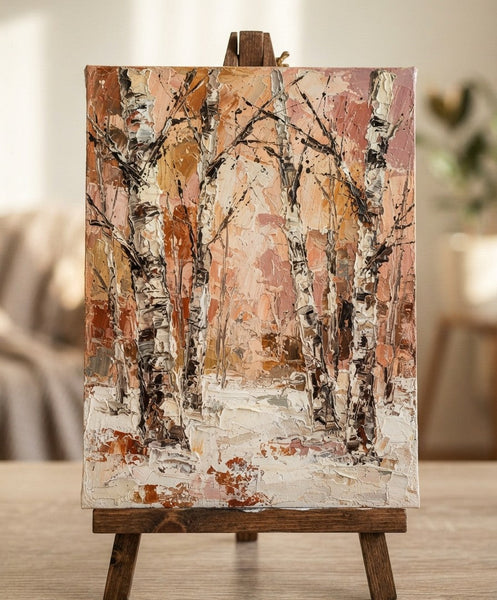 Original Landscape Paintings, Winter Birch Tree Painting, Small Canvas Wall Art Paintings, Original Artwork for Sale, Hand Painted Canvas Art, Impasto Heavy Texture Art-Grace Painting Crafts