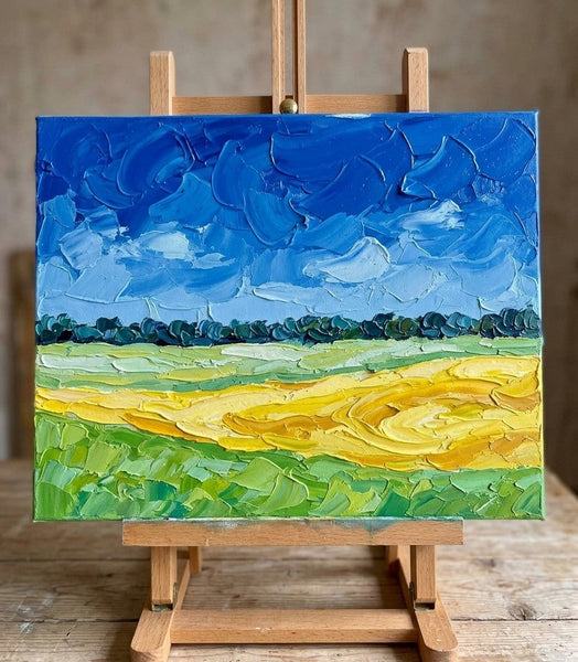 Original Landscape Paintings, Wheat Field under Deep Blue Sky, Small Canvas Wall Art Paintings, Buy Original Artwork Online, Hand Painted Canvas Art, Impasto Heavy Texture Art-Grace Painting Crafts