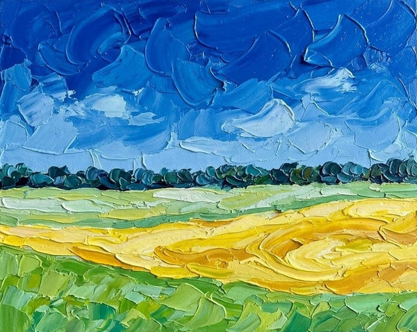 Original Landscape Paintings, Wheat Field under Deep Blue Sky, Small Canvas Wall Art Paintings, Buy Original Artwork Online, Hand Painted Canvas Art, Impasto Heavy Texture Art-Grace Painting Crafts