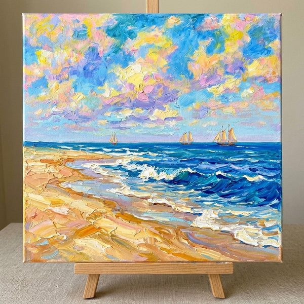 Bright Blue Ocean with Distant Sails, Hand Painted Canvas Art, Heavy Texture Paintings, Original Seascape Paintings, Miniature Canvas Art, Original Oil Paintings-Grace Painting Crafts