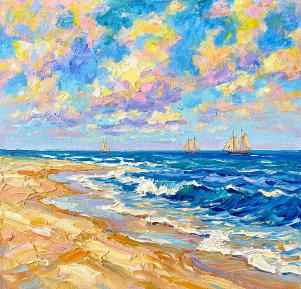 Bright Blue Ocean with Distant Sails, Hand Painted Canvas Art, Heavy Texture Paintings, Original Seascape Paintings, Miniature Canvas Art, Original Oil Paintings-Grace Painting Crafts