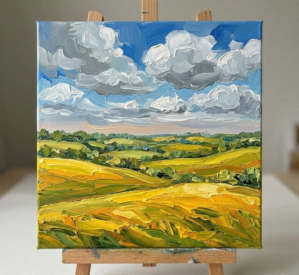 Small Canvas Wall Art Paintings, Clouds Over Golden Fields, Original Landscape Paintings, Hand Painted Canvas Art, Impasto Heavy Texture Art, Original Artwork-Grace Painting Crafts