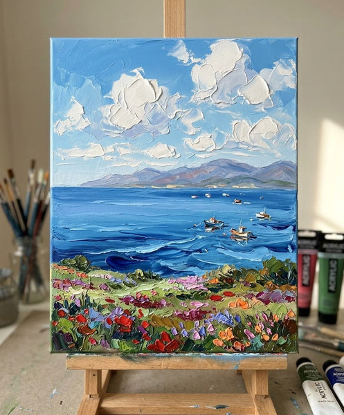 Heavy Texture Paintings on Canvas, Blooms Under Sunny Sea Sky, Impasto Painting, Original Seashore Paintings, Small Canvas Art-Grace Painting Crafts