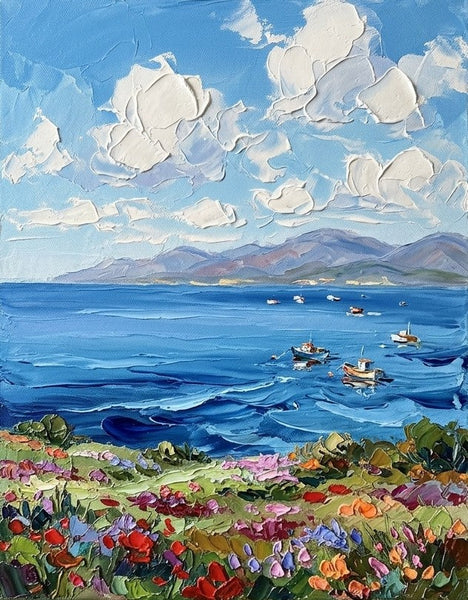 Heavy Texture Paintings on Canvas, Blooms Under Sunny Sea Sky, Impasto Painting, Original Seashore Paintings, Small Canvas Art-Grace Painting Crafts