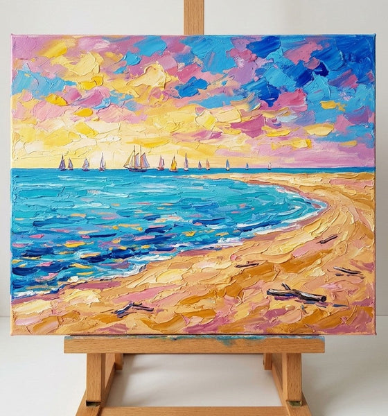 Original Oil Paintings, Sail Boats on the Sunny Sea, Small Canvas Artwork for Sale, Original Seascape Paintings, Heavy Texture Painting on Canvas-Grace Painting Crafts