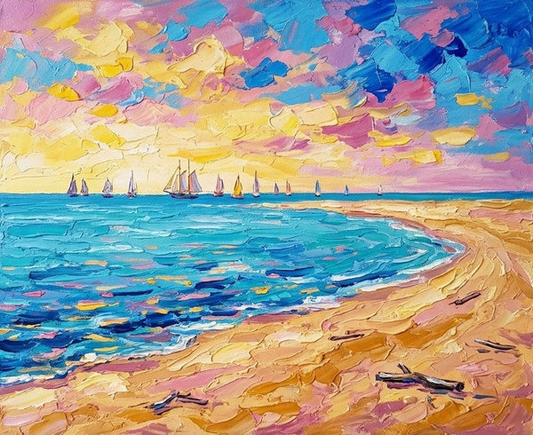 Original Oil Paintings, Sail Boats on the Sunny Sea, Small Canvas Artwork for Sale, Original Seascape Paintings, Heavy Texture Painting on Canvas-Grace Painting Crafts