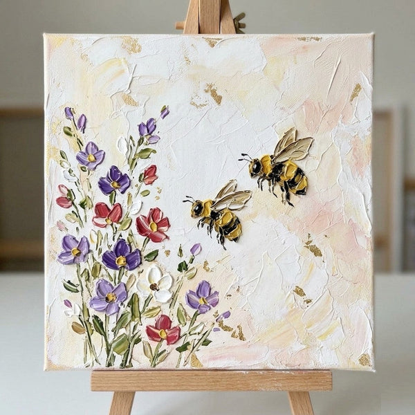 Miniature Canvas Painting, Blooming Flowers and Busy Bees, Hand Painted Canvas Art, Impasto Artwork, Original Acrylic Paintings, Buy Small Art Online, Cute Small Canvas Wall Art-Grace Painting Crafts