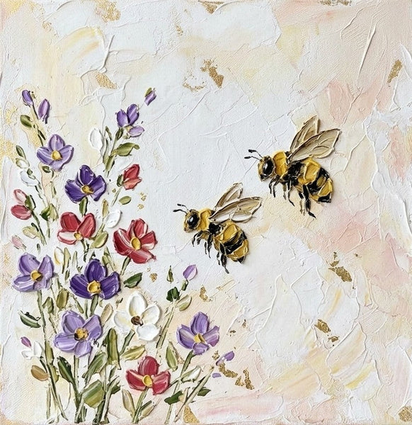 Hand Painted Canvas Art, Impasto Artwork, Original Acrylic Paintings, Miniature Canvas Painting, Blooming Flowers and Busy Bees, Small Art for Sale, Cute Small Canvas Wall Art-Grace Painting Crafts