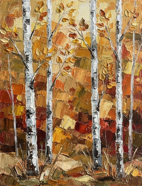 Hand Painted Canvas Art, Autumn Birch Tree Painting, Original Landscape Paintings, Small Canvas Wall Art Paintings, Impasto Palette Knife Art-Grace Painting Crafts