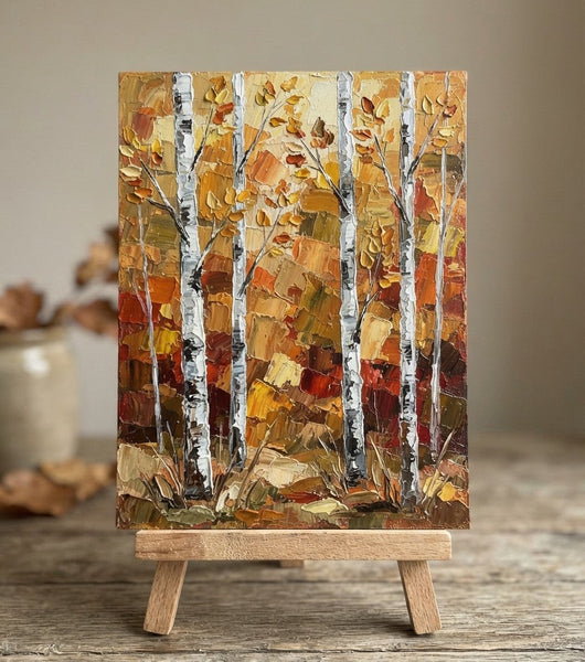 Hand Painted Canvas Art, Autumn Birch Tree Painting, Original Landscape Paintings, Small Canvas Wall Art Paintings, Impasto Palette Knife Art-Grace Painting Crafts