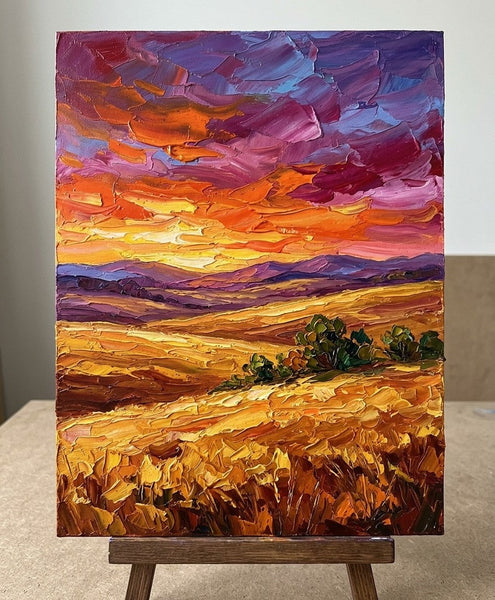 Impasto Painting, Sunset Glow Over the Vast Plains, Small Canvas Artwork for Sale, Original Canvas Paintings, Heavy Texture Paintings on Canvas-Grace Painting Crafts