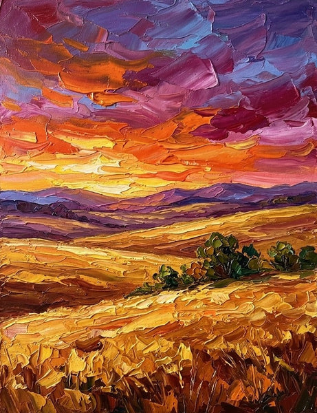 Impasto Painting, Sunset Glow Over the Vast Plains, Small Canvas Artwork for Sale, Original Canvas Paintings, Heavy Texture Paintings on Canvas-Grace Painting Crafts