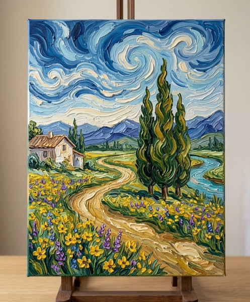 Original Landscape Paintings, Swirling Cypresses Under Starry Night Sky, Original Oil Paintings, Heavy Texture Paintings, Hand Painted Canvas Art, Small Canvas Artwork-Grace Painting Crafts