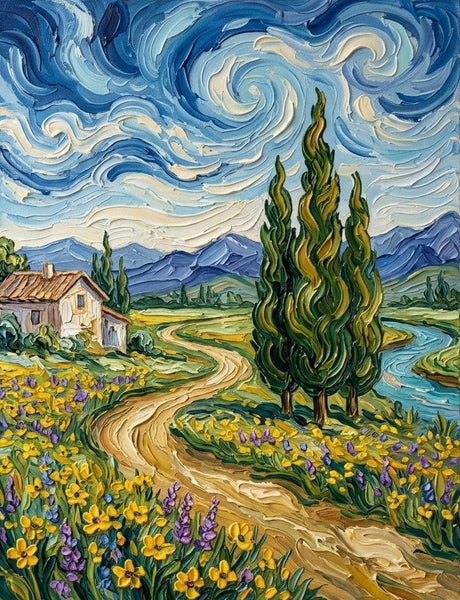 Original Landscape Paintings, Swirling Cypresses Under Starry Night Sky, Original Oil Paintings, Heavy Texture Paintings, Hand Painted Canvas Art, Small Canvas Artwork-Grace Painting Crafts