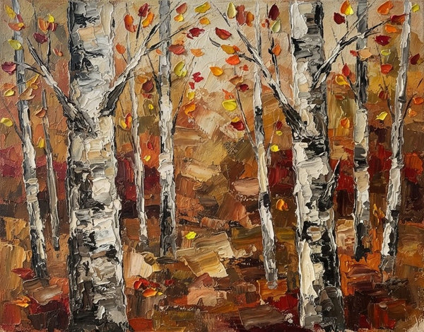 Impasto Painting, Autumn Birch Tree Painting, Small Canvas Artwork for Sale, Original Canvas Paintings, Buy Paintings Online, Heavy Texture Paintings on Canvas-Grace Painting Crafts