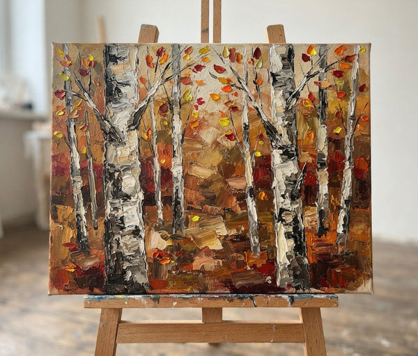 Impasto Painting, Autumn Birch Tree Painting, Small Canvas Artwork for Sale, Original Canvas Paintings, Buy Paintings Online, Heavy Texture Paintings on Canvas-Grace Painting Crafts