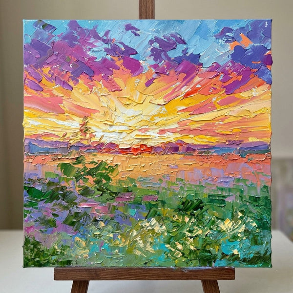 Original Oil Painting for Sale, Sunset Glow Over Golden Plains, Hand Painted Canvas Art, Heavy Texture Paintings, Original Landscape Paintings, Small Art on Canvas-Grace Painting Crafts