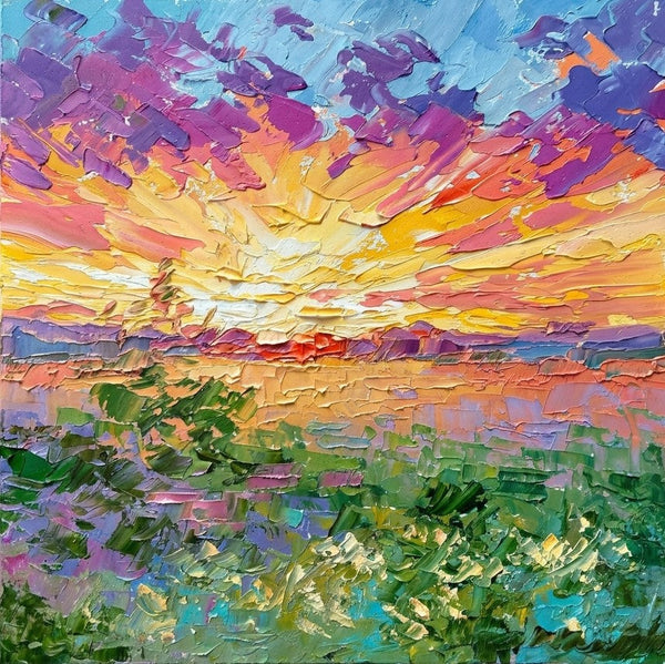 Original Oil Painting for Sale, Sunset Glow Over Golden Plains, Hand Painted Canvas Art, Heavy Texture Paintings, Original Landscape Paintings, Small Art on Canvas-Grace Painting Crafts