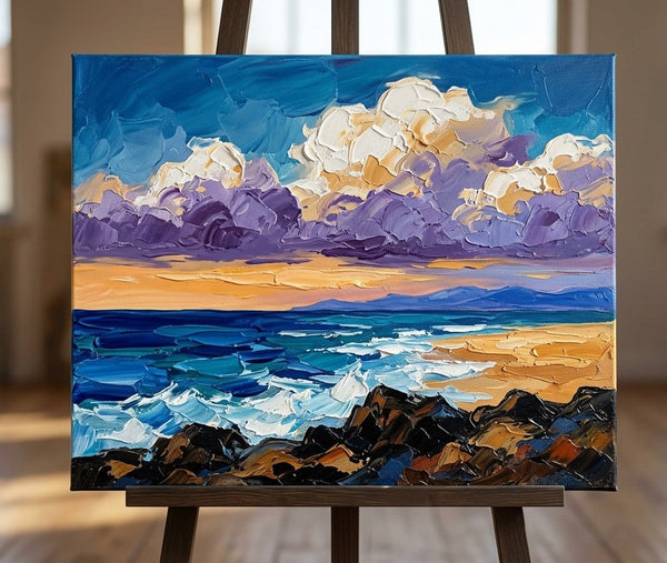 Original Seascape Paintings, Waves and Cliffs Under Twilight Sky, Impasto Heavy Texture Art, Small Canvas Wall Art Paintings, Original Paintings for Sale, Hand Painted Canvas Art-Grace Painting Crafts