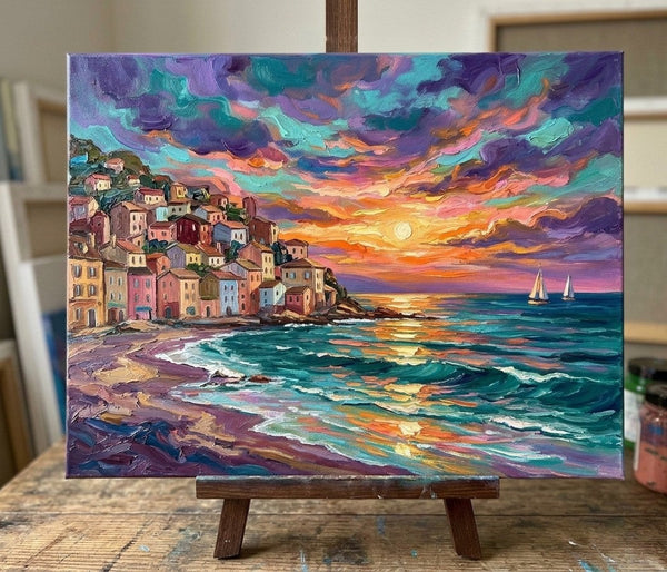Heavy Texture Paintings, Sunset Glow Over the Harbor, Seashore Beach Painting, Small Canvas Artwork for Sale, Original Seascape Paintings, Small Paintings on Canvas-Grace Painting Crafts
