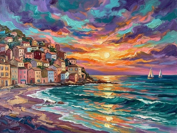 Heavy Texture Paintings, Sunset Glow Over the Harbor, Seashore Beach Painting, Small Canvas Artwork for Sale, Original Seascape Paintings, Small Paintings on Canvas-Grace Painting Crafts