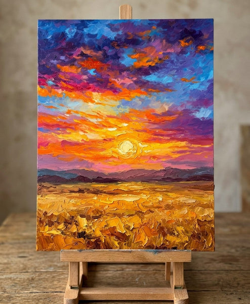 Original Small Paintings for Sale, Sunset Overflowing Golden Plains, Original Landscape Paintings, Hand Painted Canvas Art, Impasto Paintings, Small Artwork for Sale-Grace Painting Crafts