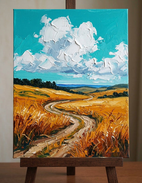 Golden Wheat Path, Original Landscape Paintings, Small Canvas Wall Art Paintings, Original Artwork for Sale, Hand Painted Canvas Art, Impasto Heavy Texture Art-Grace Painting Crafts