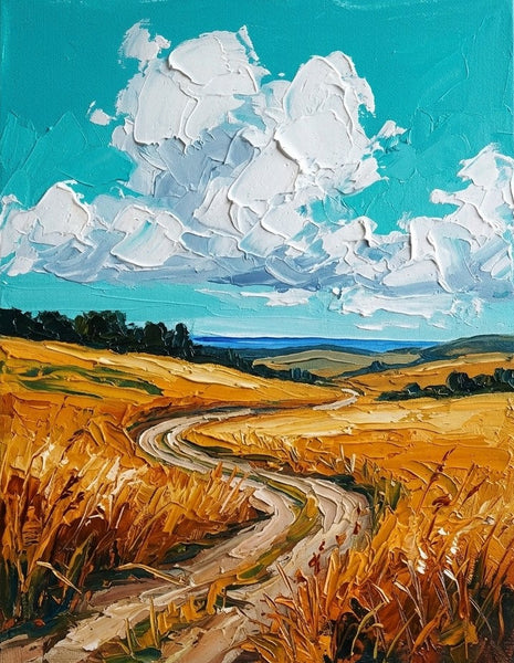 Golden Wheat Path, Original Landscape Paintings, Small Canvas Wall Art Paintings, Original Artwork for Sale, Hand Painted Canvas Art, Impasto Heavy Texture Art-Grace Painting Crafts