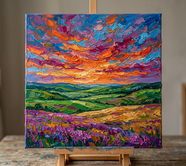 Hand Painted Canvas Art, Sunset Sky Over the Meadow, Original Oil Painting for Sale, Heavy Texture Paintings, Original Landscape Paintings, Miniature Art on Canvas-Grace Painting Crafts