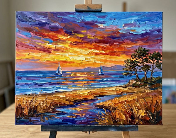 Original Oil Paintings, Sailboats Beneath Sunset Blaze, Original Seascape Paintings, Buy Small Paintings Online, Hand Painted Canvas Art, Small Canvas Artwork-Grace Painting Crafts
