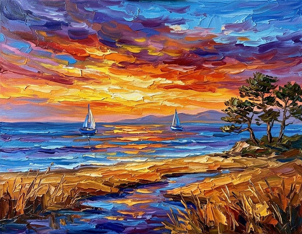Original Oil Paintings, Sailboats Beneath Sunset Blaze, Original Seascape Paintings, Buy Small Paintings Online, Hand Painted Canvas Art, Small Canvas Artwork-Grace Painting Crafts